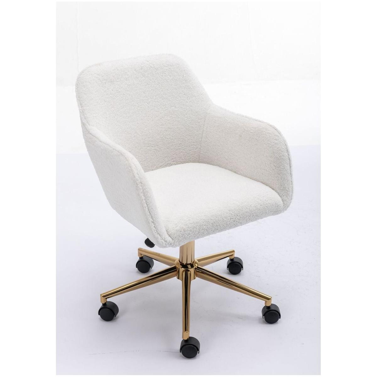 Modern Teddy Fabric Material Adjustable Height 360 Revolving Home Office Chair With Gold Metal Legs And Universal Wheel For Indoor,White