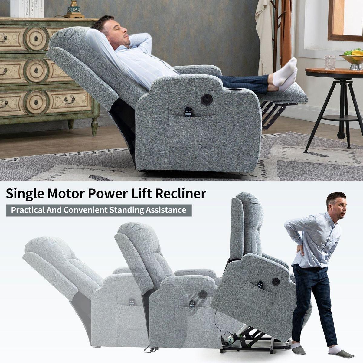Infinite Position Okin Motor Up to 350 LBS Power Lift Recliner Chair for Elderly, Heavy Duty Motion Mechanism with 8-Point Vibration Massage and Lumbar Heating, USB Charging Port, Cup Holders, Grey