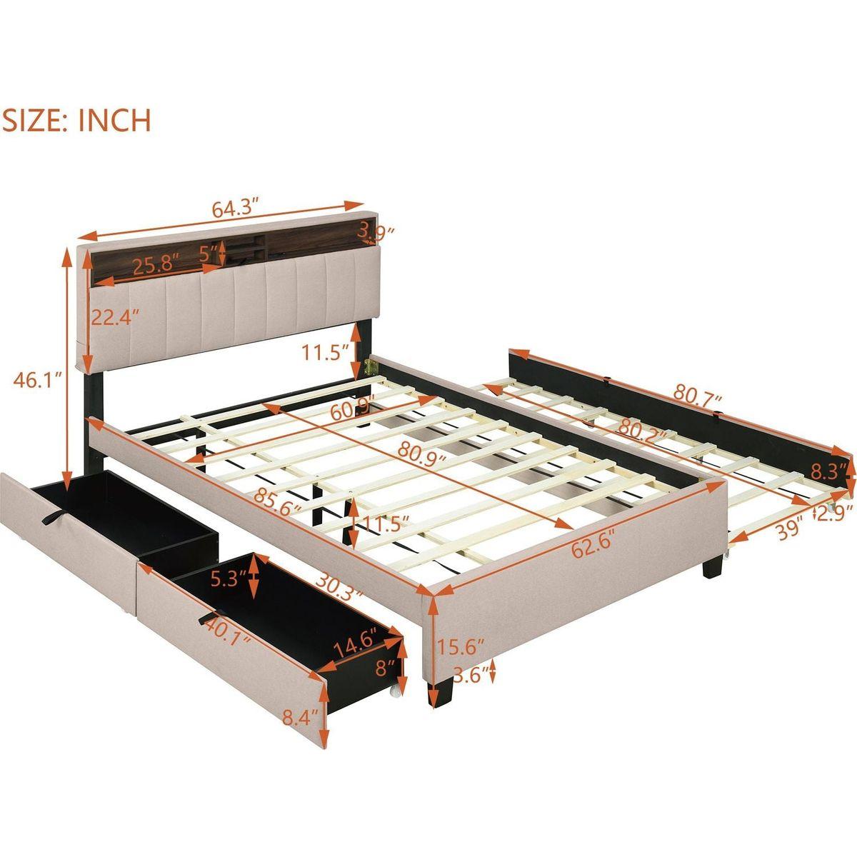 Queen size Upholstered Platform Bed with Storage Headboard, Twin XL Size Trundle & 2 drawers and a set of Sockets & USB Ports, Linen Fabric, Beige