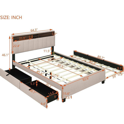 Queen size Upholstered Platform Bed with Storage Headboard, Twin XL Size Trundle & 2 drawers and a set of Sockets & USB Ports, Linen Fabric, Beige