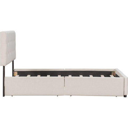 Upholstered Platform Bed with Classic Headboard and 4 Drawers, No Box Spring Needed, Linen Fabric, Queen Size Beige