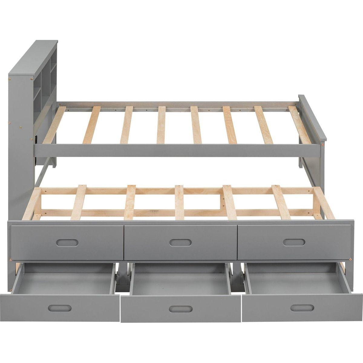 Twin Size Platform Bed with Storage Headboard, USB, Twin Size Trundle and 3 Drawers, Gray