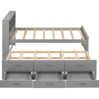 Twin Size Platform Bed with Storage Headboard, USB, Twin Size Trundle and 3 Drawers, Gray