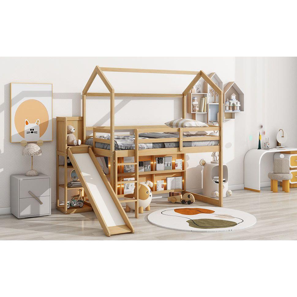 Twin Size Wood House Loft bed with Slide, Storage shelves and Light, Climbing Ramp, Wood Color
