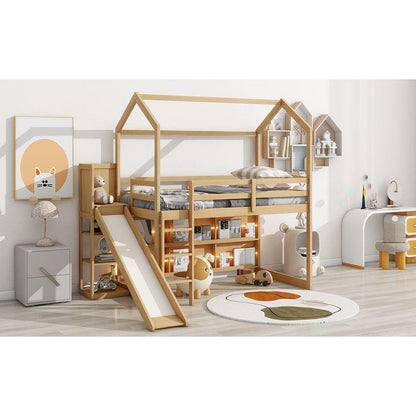 Twin Size Wood House Loft bed with Slide, Storage shelves and Light, Climbing Ramp, Wood Color