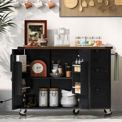 54.5" Farmhouse Kitchen Island with Power Outlet, Kitchen Storage Island with Internal Storage Rack, Drop Leaf, Spice Rack, Rolling Kitchen Cart on Wheels, for Home, Kitchen and Dining Room,Black