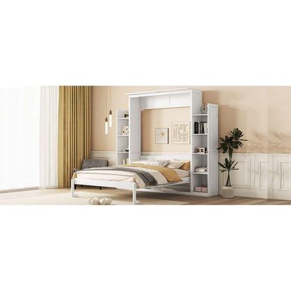 Queen Size Murphy Bed Wall Bed with Shelves and LED Lights,White