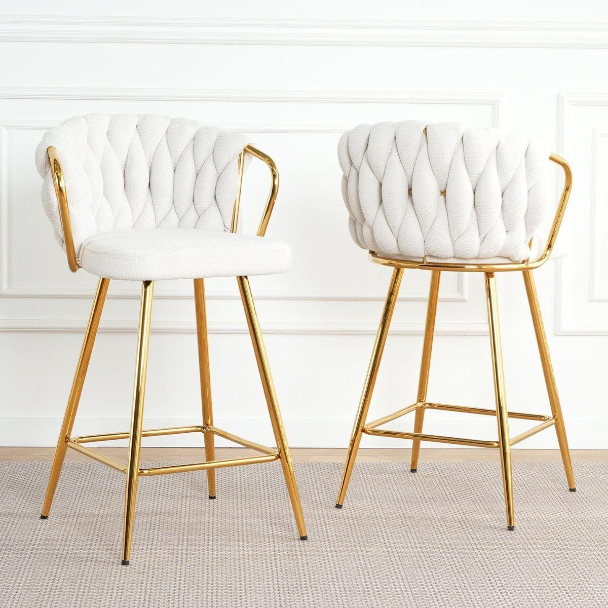 Modern design High stool Gold Plated legs Kitchen Dining White linen bar chair, suitable for Cafe Bar Restaurant (set of 2)