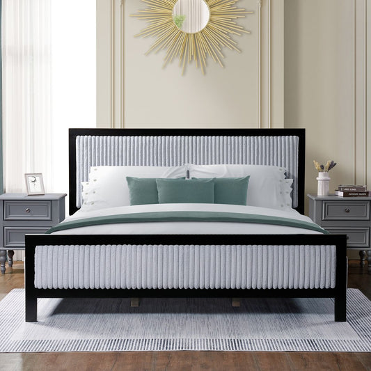 King Size Upholstered Bed with Fluffy Soft Headboard,Grey+Black Frame