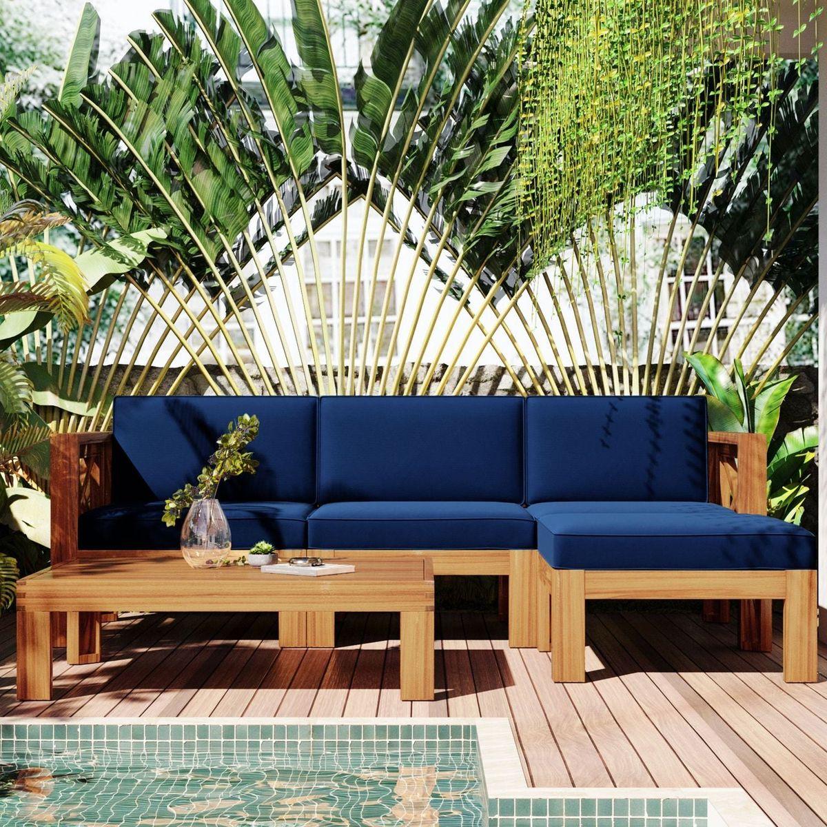 Outdoor Backyard Patio Wood 5-Piece Sectional Sofa Seating Group Set with Cushions, Natural Finish+ Blue Cushions
