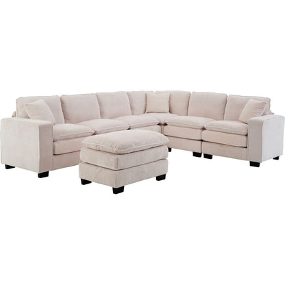 Modern U Shaped 6-seat Sectional Sofa Couch with one Ottoman and three toss pillows, Modular Sofa for Living Room,Corduroy sofa