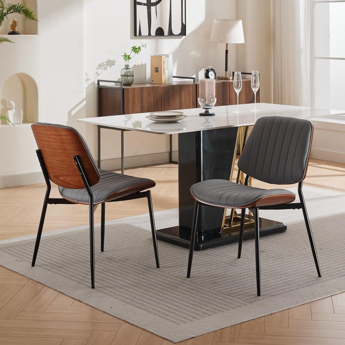 Dining Chairs Set of 2 Mid Century Modern Retro Faux Leather Chair with Walnut Bentwood Back Upholstered Seat Metal Legs Adjustable Foot for Kitchen Dining Room Chairs(Gray PU)
