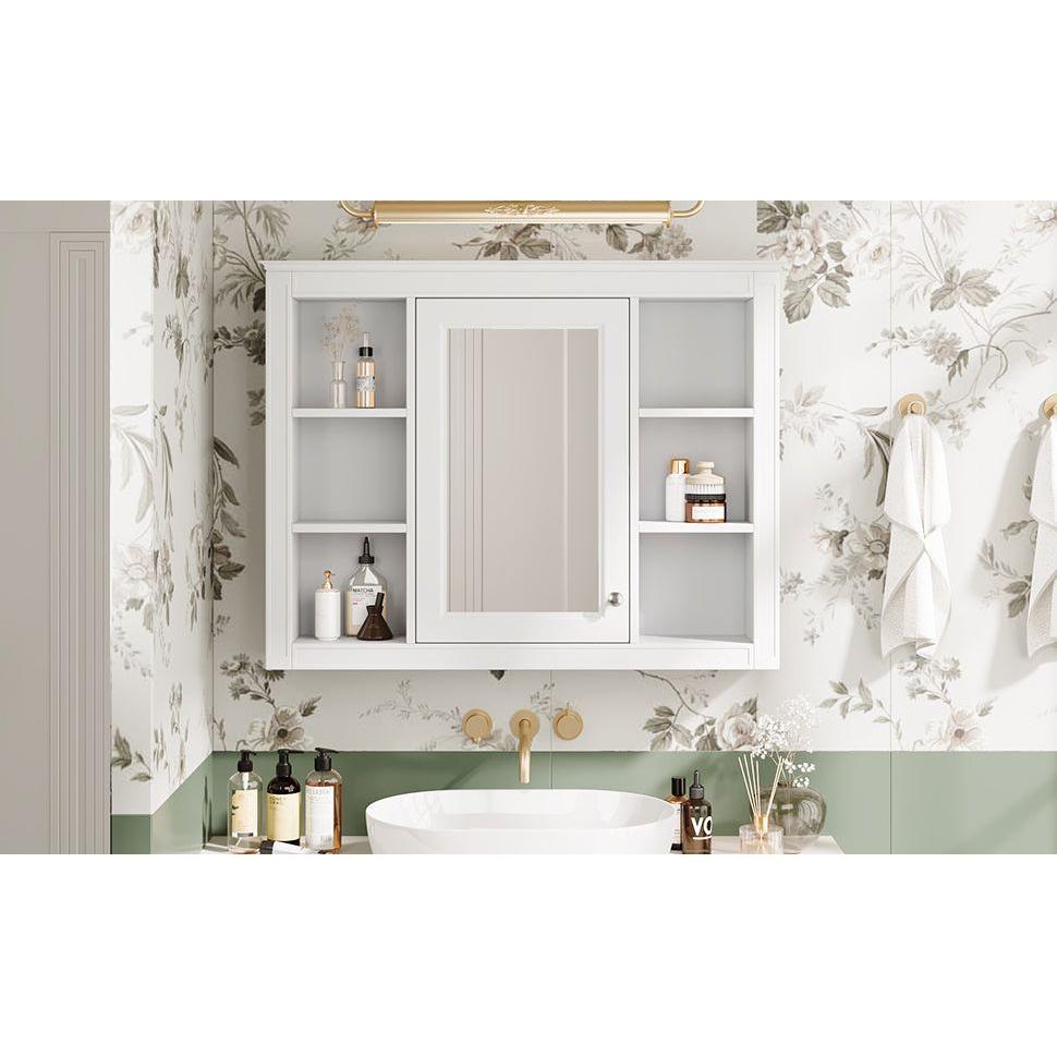 35" x 27.5" Medicine Cabinet, Wall Mounted Bathroom Storage Cabinet, Modern Bathroom Wall Cabinet with Mirror, Mirror Cabinet with 6 Open Shelves (Not Include Bathroom Vanity)