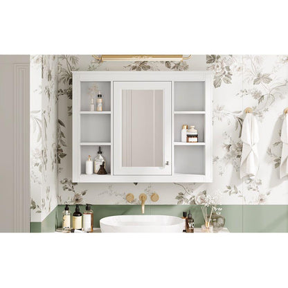 35" x 27.5" Medicine Cabinet, Wall Mounted Bathroom Storage Cabinet, Modern Bathroom Wall Cabinet with Mirror, Mirror Cabinet with 6 Open Shelves (Not Include Bathroom Vanity)