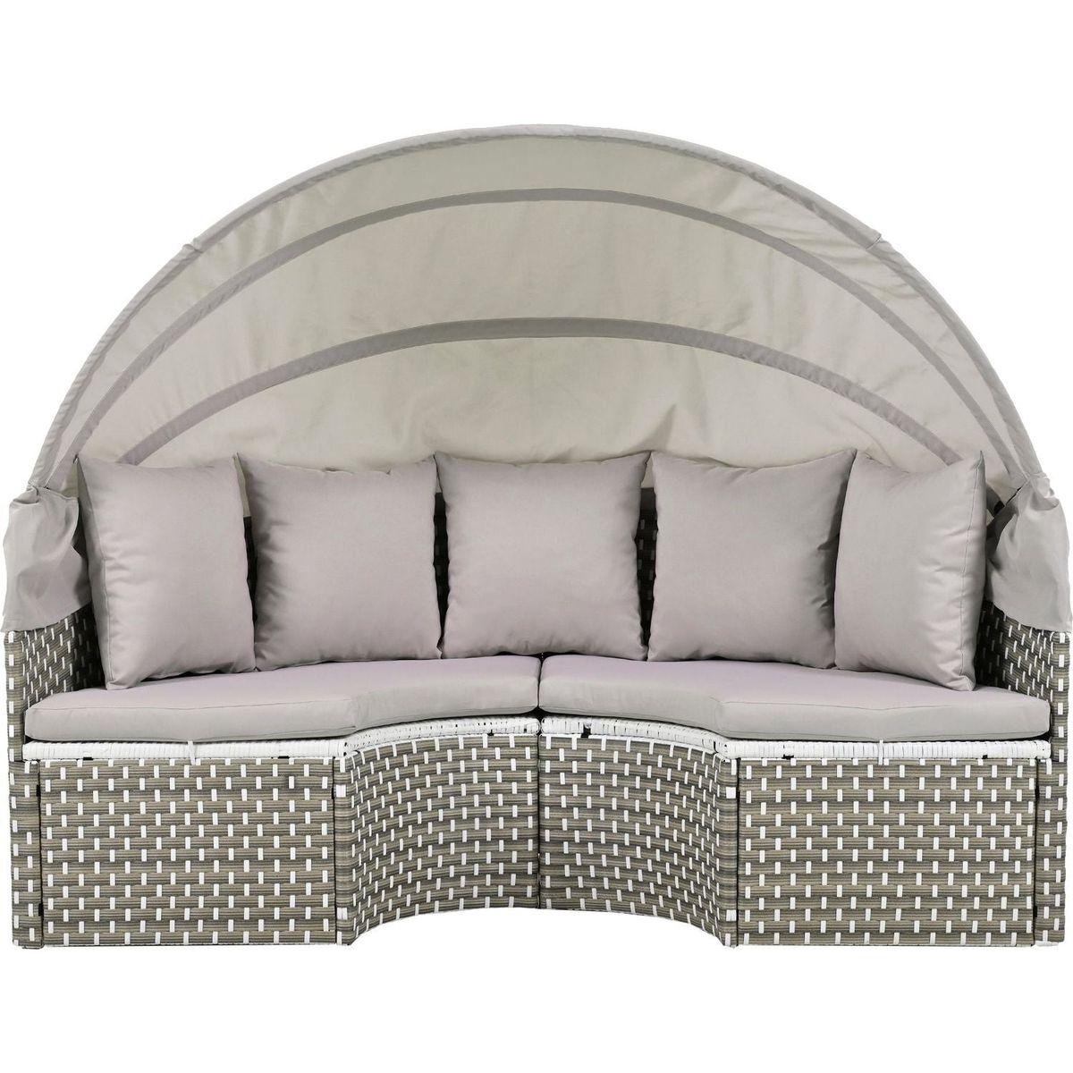 Patio Furniture Round Outdoor Sectional Sofa Set Rattan Daybed Two-Tone Weave Sunbed with Retractable Canopy, Separate Seating and Removable Cushion, Gray