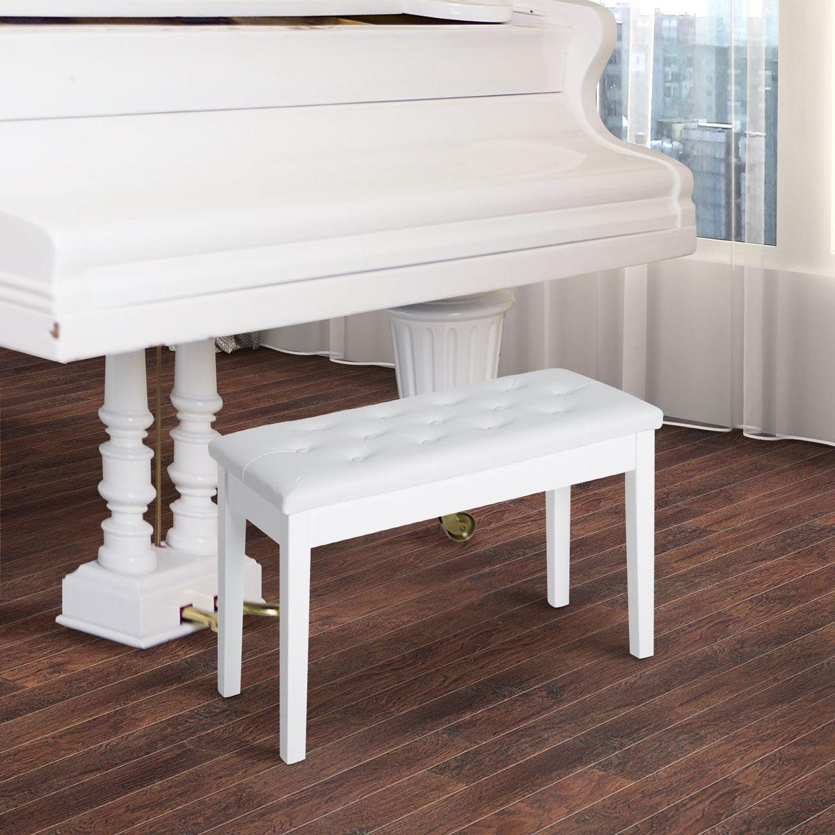 Piano Bench, Duet Piano Chair with Faux Leather Padded Cushion and Wooden Frame, Button Tufted Keyboard Bench, White