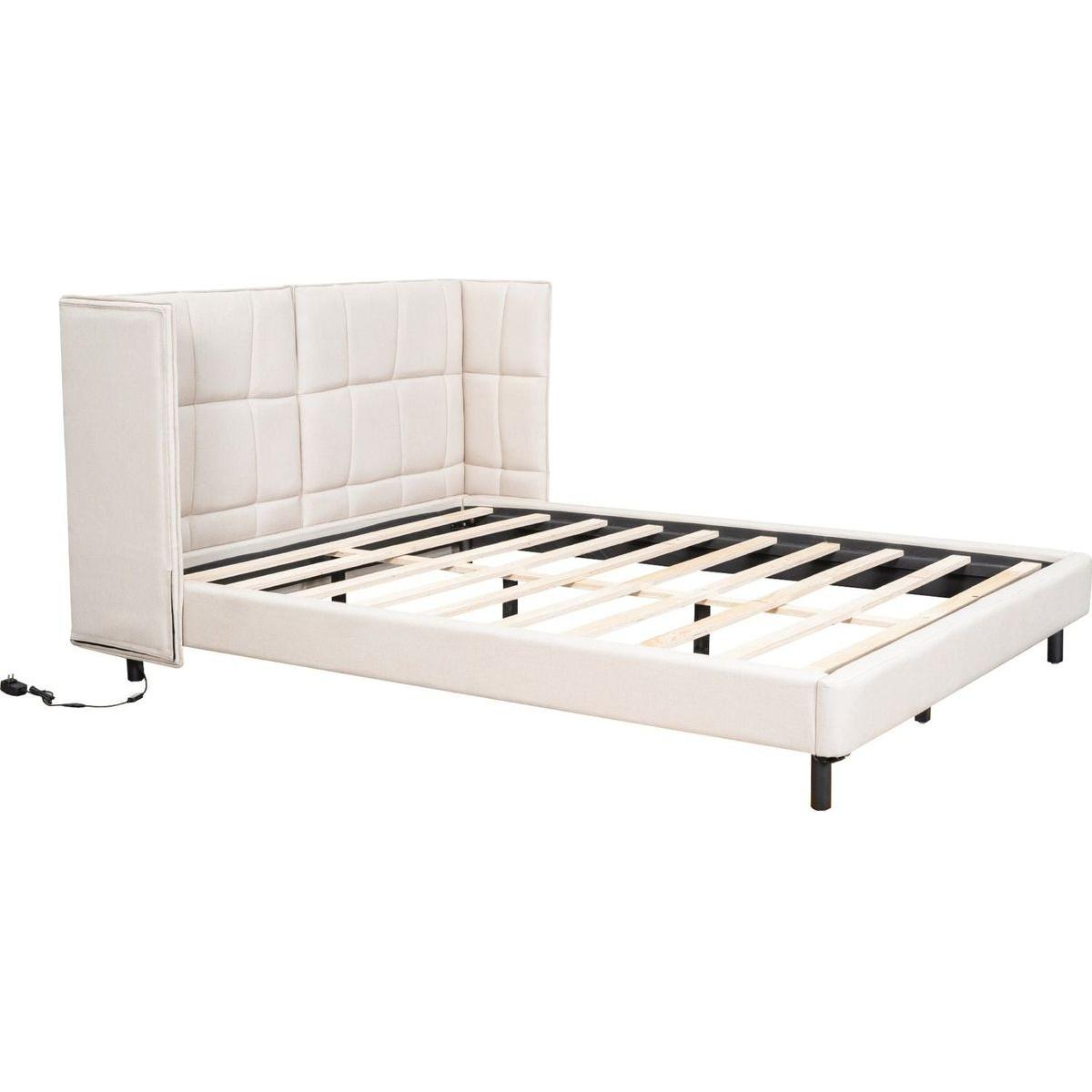 Queen Size Upholstered Platform Bed with LED Lights and U-Shaped Headboard, Linen Fabric, Beige