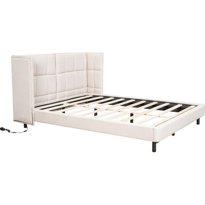 Queen Size Upholstered Platform Bed with LED Lights and U-Shaped Headboard, Linen Fabric, Beige