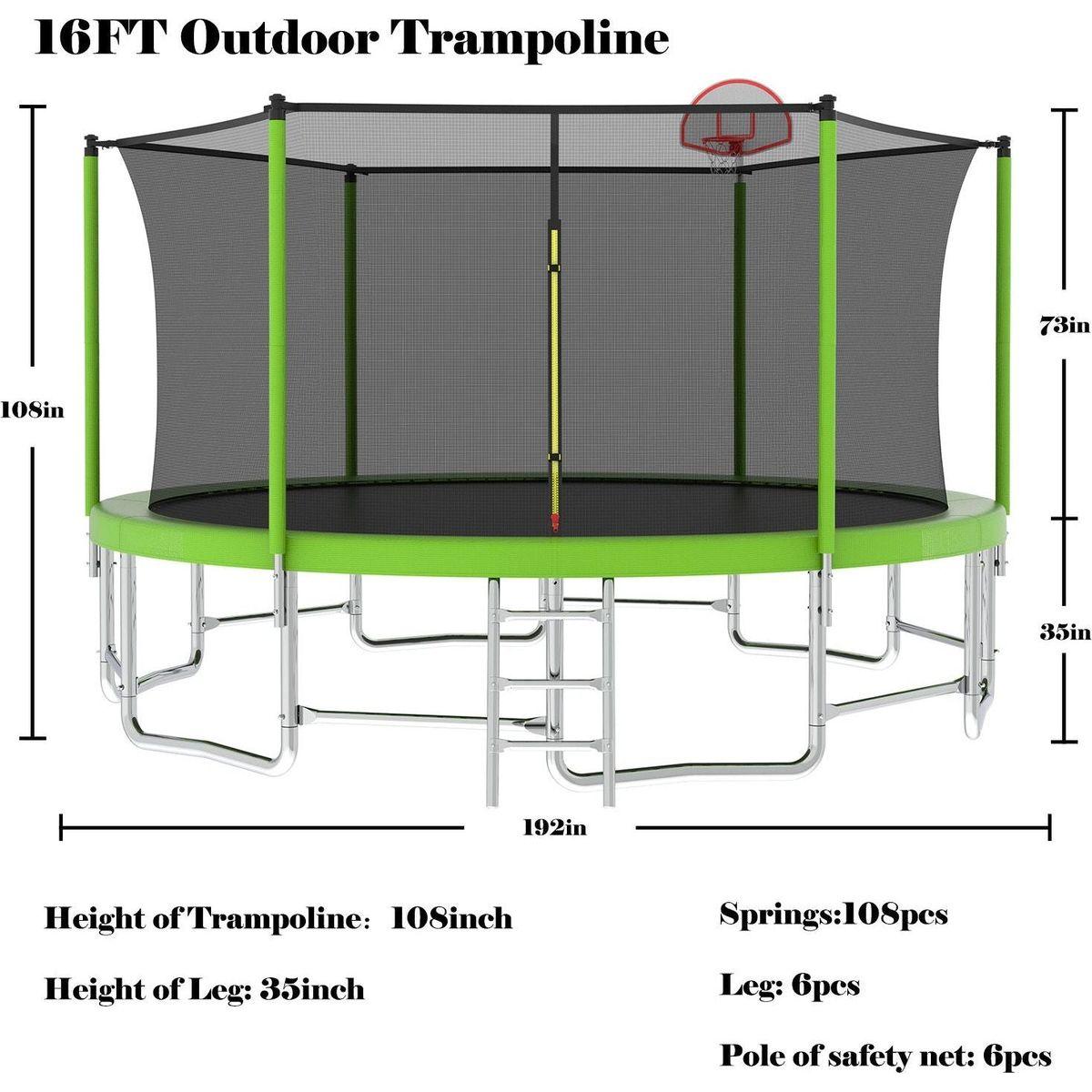 16FT Trampoline with Balance Bar & Basketball Hoop&Ball, ASTM Approved Reinforced Type Outdoor Trampoline with Enclosure Net