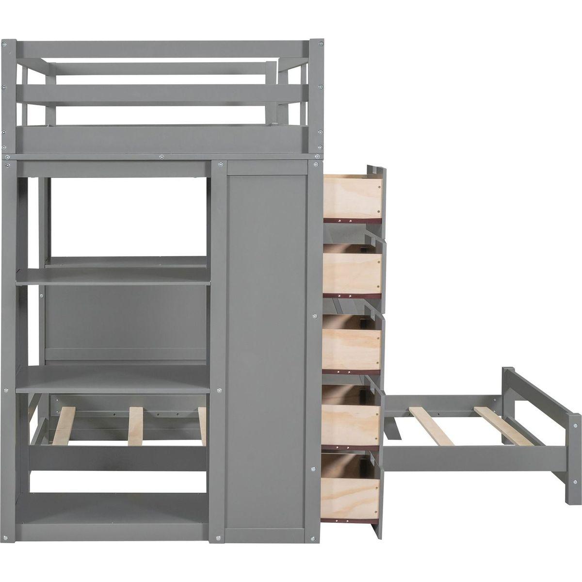 Twin over Twin Bunk Bed with LED Light and USB Ports, Gray