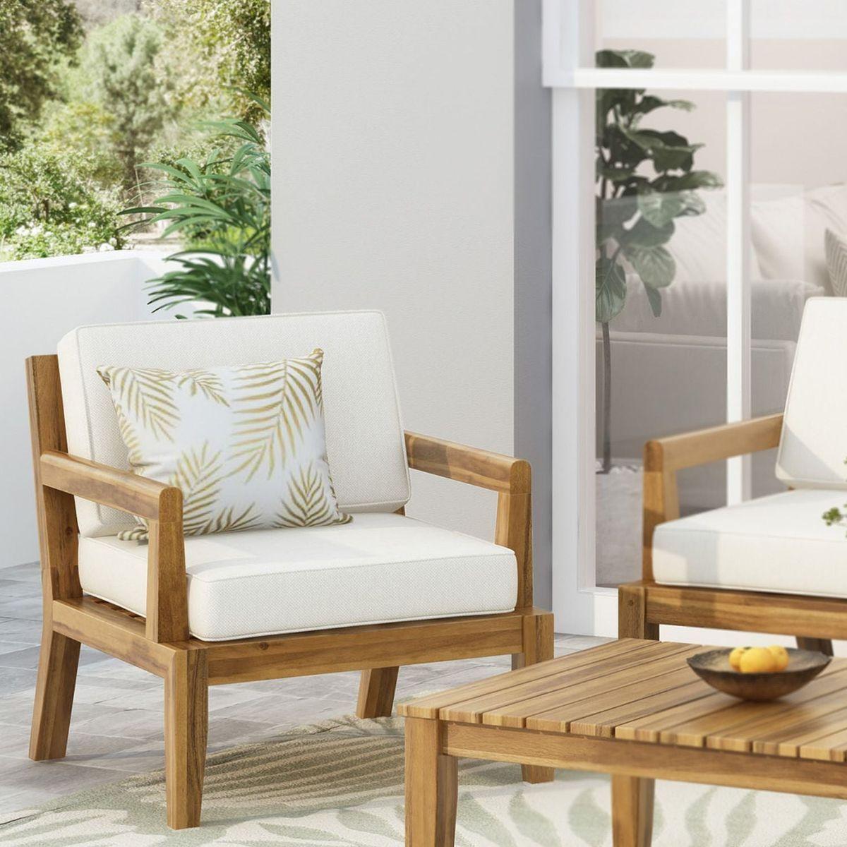 Outdoor Club Chairs with Cushions, 29" H X 26.5" W X 29" D, acacia wood + Teak Finish + Beige