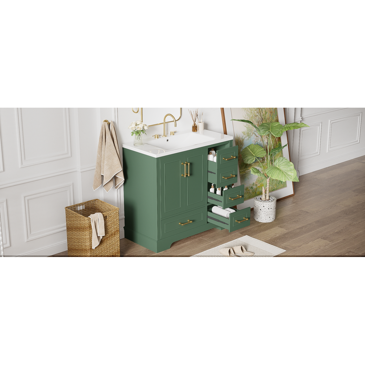 36-inch Traditional Bathroom Vanity with Resin Sink Combo Set, Green Bathroom Cabinet with Two Doors and Four Drawers