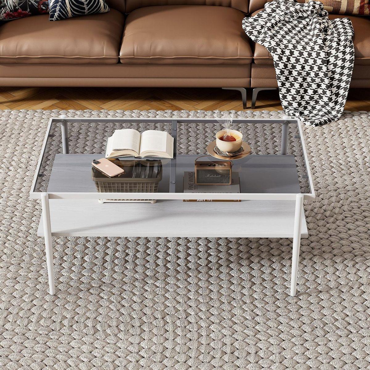 Rectangle Coffee Table with Gray Tempered Glass top and White Legs, Modern Table for Living Room - Streamdale Furniture