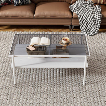 Rectangle Coffee Table with Gray Tempered Glass top and White Legs, Modern Table for Living Room - Streamdale Furniture