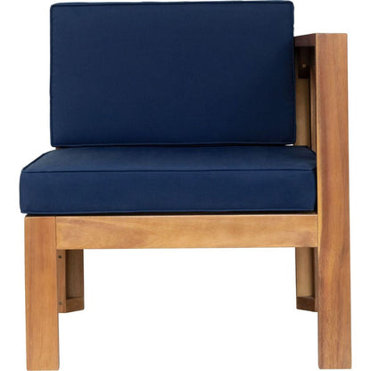 Outdoor Backyard Patio Wood 5-Piece Sectional Sofa Seating Group Set with Cushions, Natural Finish+ Blue Cushions