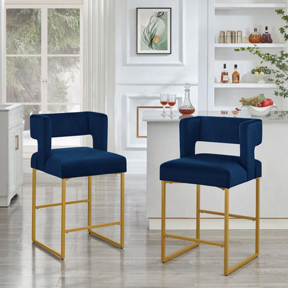 Modern Fashion Counter Height Bar Stools with Unique Square Open Backrest, Set of 2 Versatile Bar Chairs with Sturdy Iron Legs, 26" H Counter Height Chairs for kitchen islands, Navy /Gold