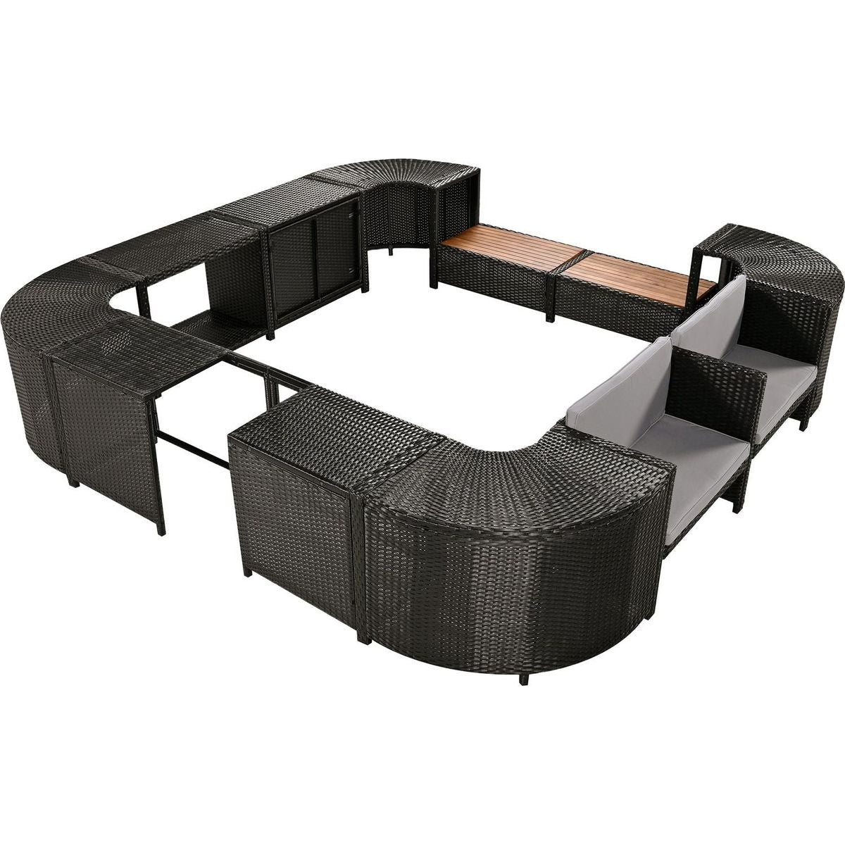 Spa Surround Spa Frame Quadrilateral Outdoor Rattan Sectional Sofa Set with Mini Sofa, Wooden Seats and Storage Spaces, Grey
