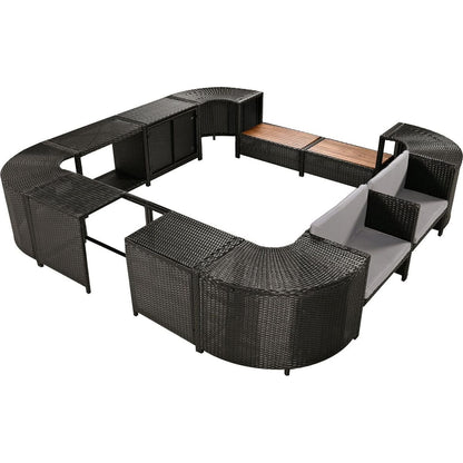 Spa Surround Spa Frame Quadrilateral Outdoor Rattan Sectional Sofa Set with Mini Sofa, Wooden Seats and Storage Spaces, Grey