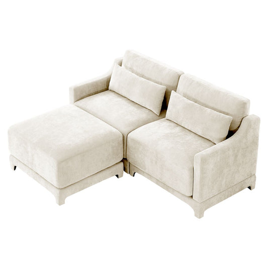 Elegant Two-Seater Sofa with Ottoman, Lumbar Pillows, Ergonomic Design, Beige Chenille, Wood Frame