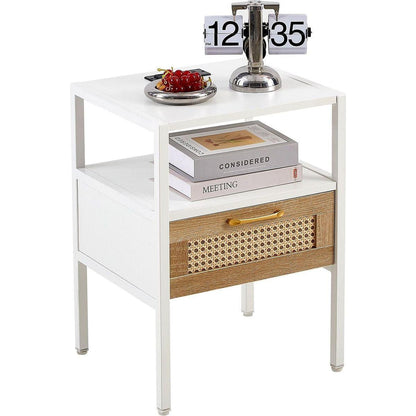 Set of 2, 15.75" Rattan End table with Power Outlet & USB Ports, Modern nightstand with drawer and metal legs, side table for living room, bedroom,white