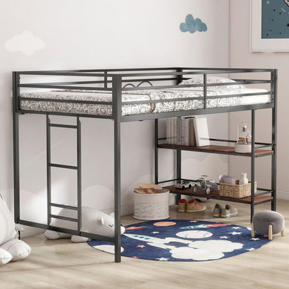 Adam sturdy junior twin loft bunk black with Cinnamon wood shelf for kids with easy climbing ladder, space saving