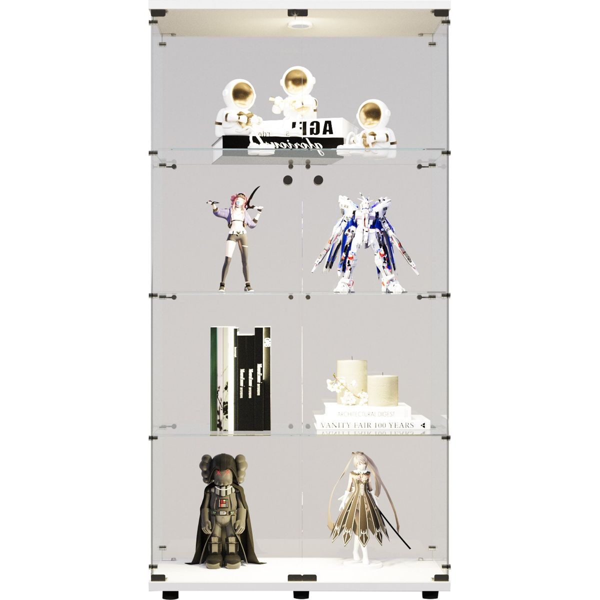 Two-door LED lights  Glass Display Cabinet 4 Shelves with Door, Floor Standing Curio Bookshelf for Living Room Bedroom Office, 64.7'*31.7'*14.3', White