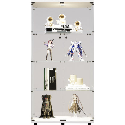 Two-door LED lights  Glass Display Cabinet 4 Shelves with Door, Floor Standing Curio Bookshelf for Living Room Bedroom Office, 64.7'*31.7'*14.3', White