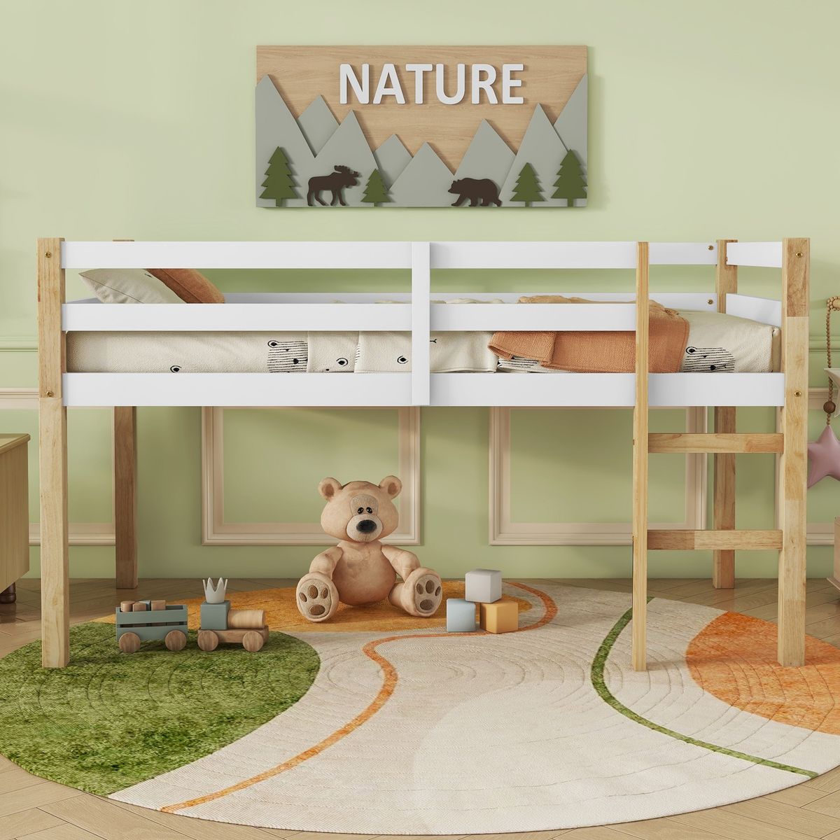 Solid Wooden, Rubber Wooden Twin Loft Bed with Ladder, Bed Platform of Strengthened Slats,Natural-white