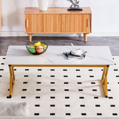 A modern minimalist style white marble patterned coffee table with golden metal legs. Computer desk. Game table. Tea table. CT-XX