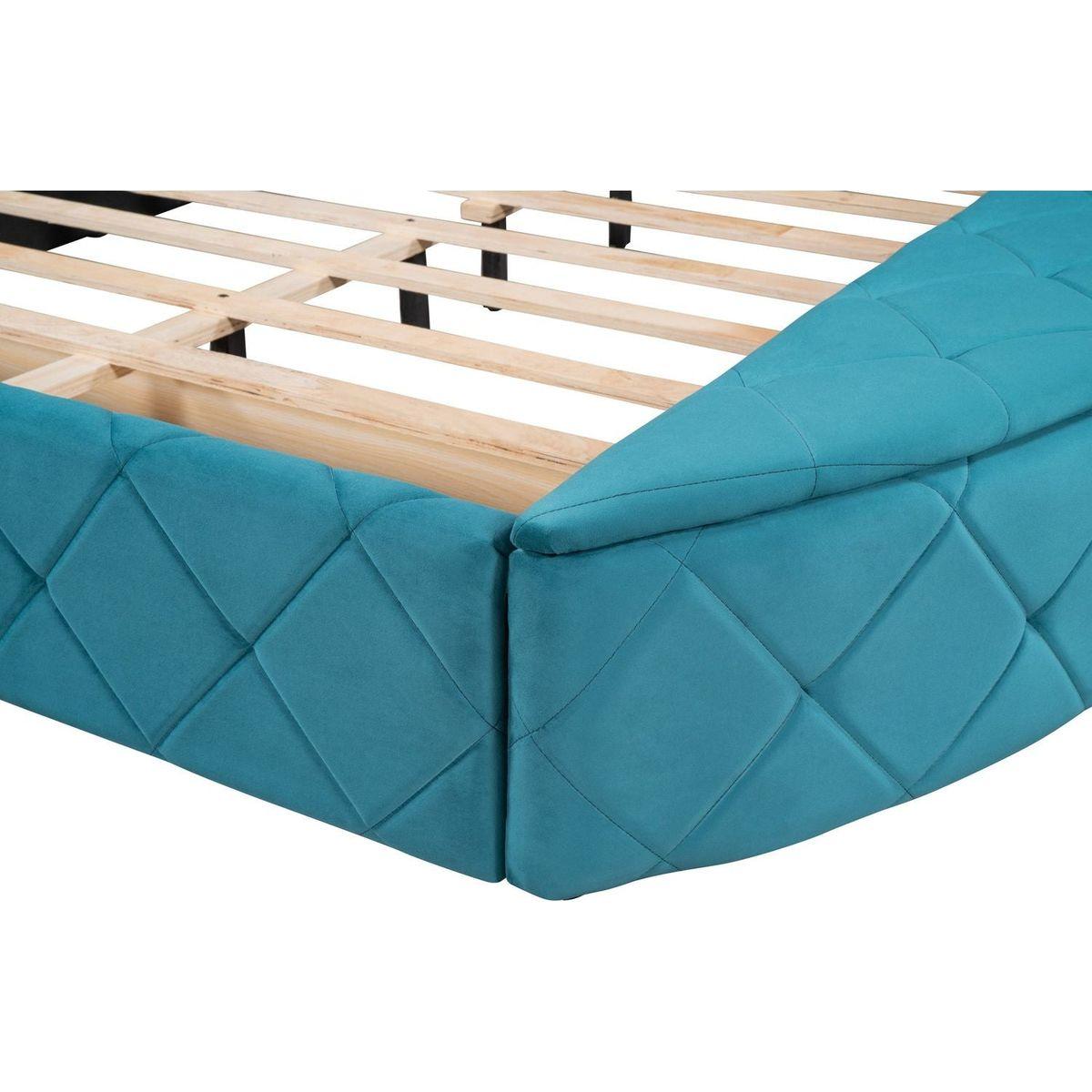 Upholstered Platform Bed Queen Size Storage Velvet Bed with Wingback Headboard and 1 Big Drawer,2 Side Storage Stool(Blue)