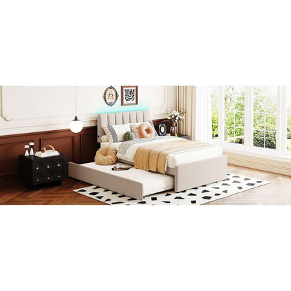 Teddy Fleece Twin Size Upholstered Platform Bed with Trundle, Beige