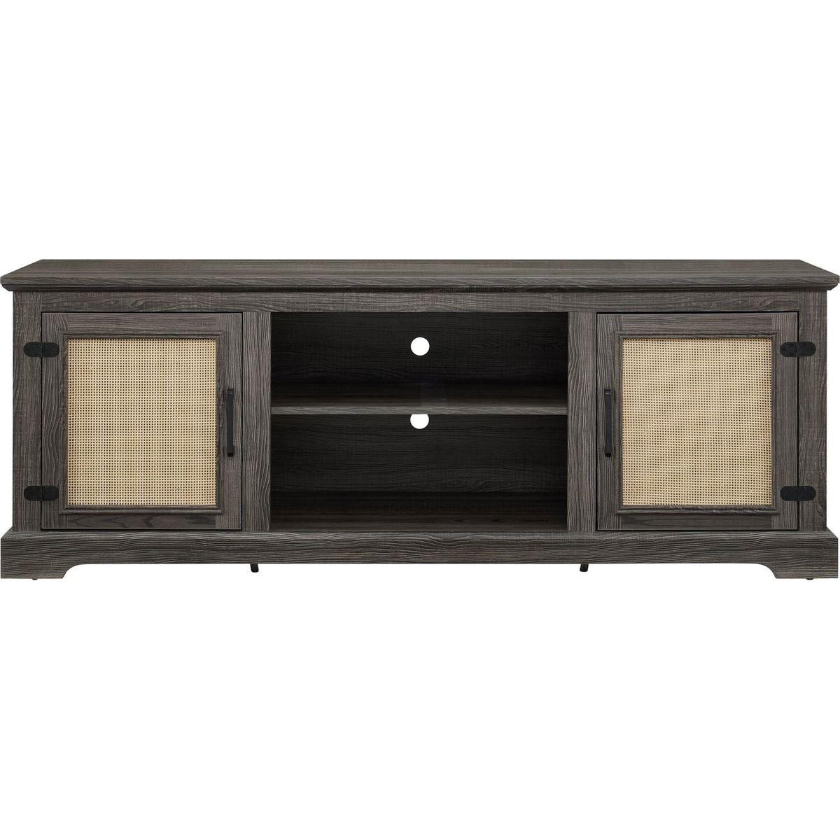 Farmhouse Rattan TV Stand Console Table for TVs up to 70 Inches, TV Console Table with 2 Storage Shelves, 2 Natural Rattan Door Cabinets, 65"Wx15.55"Dx23.86"H, Gray