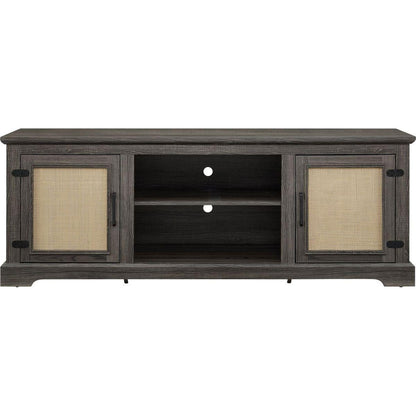 Farmhouse Rattan TV Stand Console Table for TVs up to 70 Inches, TV Console Table with 2 Storage Shelves, 2 Natural Rattan Door Cabinets, 65"Wx15.55"Dx23.86"H, Gray