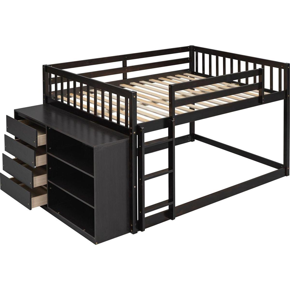 Full over Full Bunk Bed with 4 Drawers and 3 Shelves-Espresso