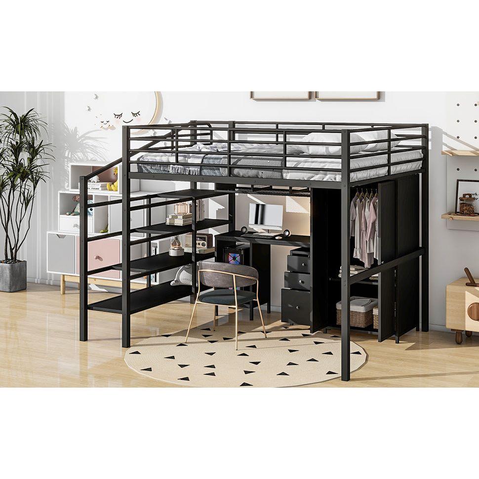 Metal Loft Bed With table set and wardrobe, Full, Black