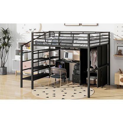 Metal Loft Bed With table set and wardrobe, Full, Black