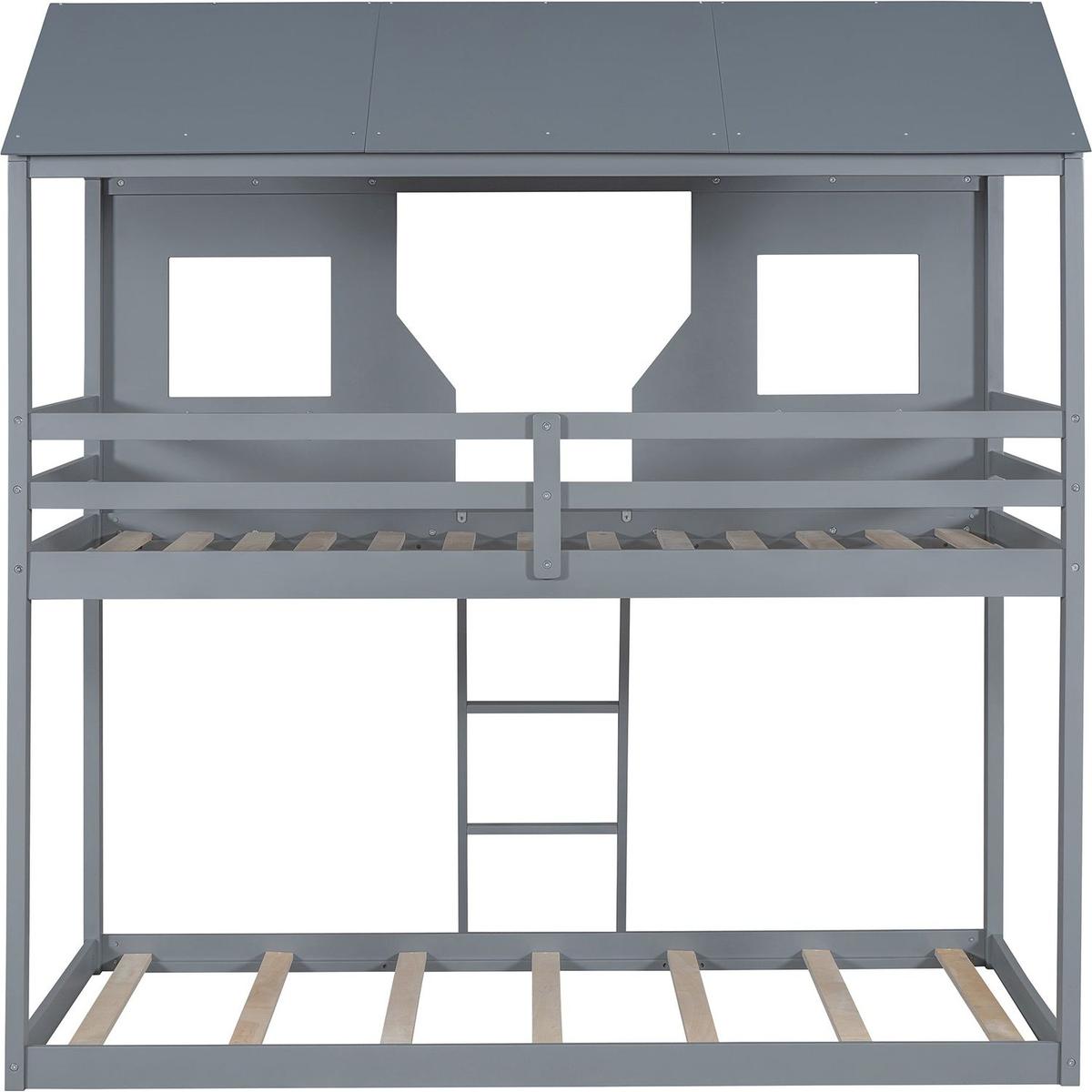 Twin Over Twin Bunk Bed Wood Bed with Roof, Window, Guardrail, Ladder (Gray)