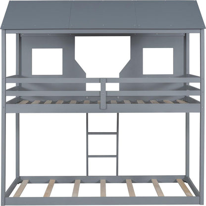 Twin Over Twin Bunk Bed Wood Bed with Roof, Window, Guardrail, Ladder (Gray)