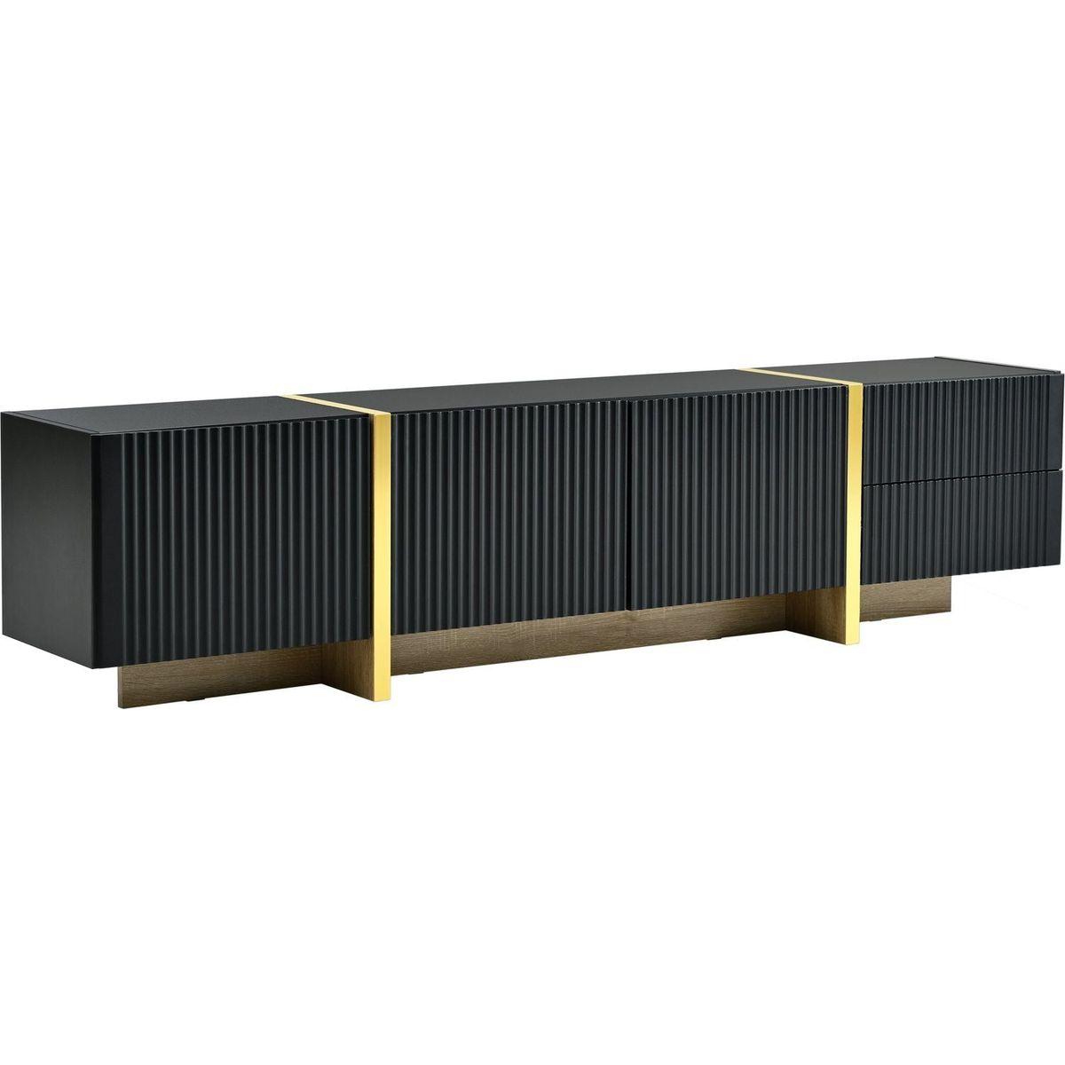 Luxury Fluted TV Stand for TVs Up to 80", Modern Entertainment Center with Storage Cabinets & Drawers, Smooth Media Console with Golden Wood Grain Legs for Living Room, Black