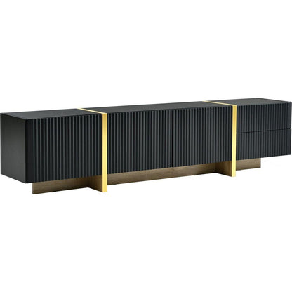 Luxury Fluted TV Stand for TVs Up to 80", Modern Entertainment Center with Storage Cabinets & Drawers, Smooth Media Console with Golden Wood Grain Legs for Living Room, Black